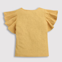 Girls Yellow Glitter Text Frill Sleeve Top