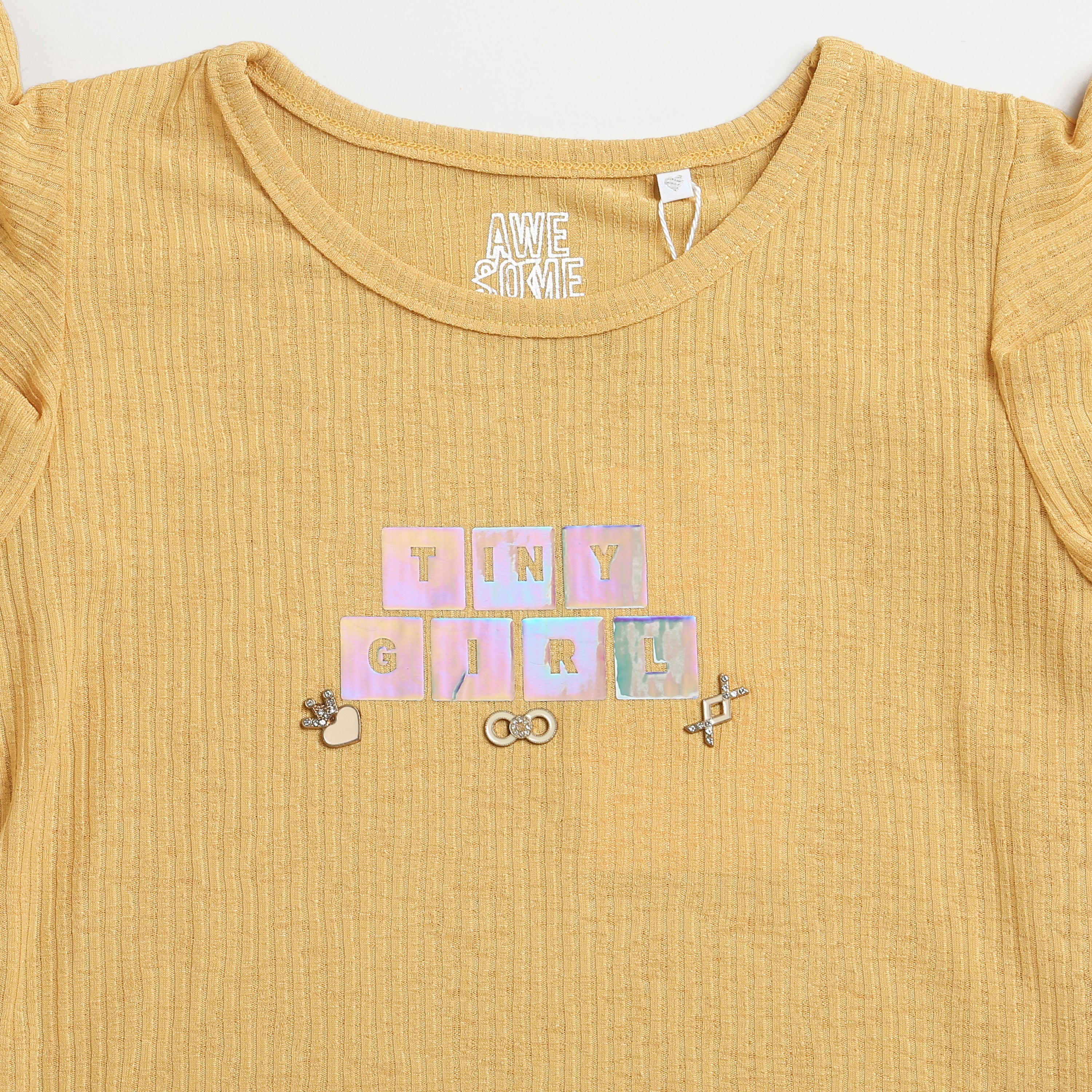 Girls Yellow Glitter Text Frill Sleeve Top
