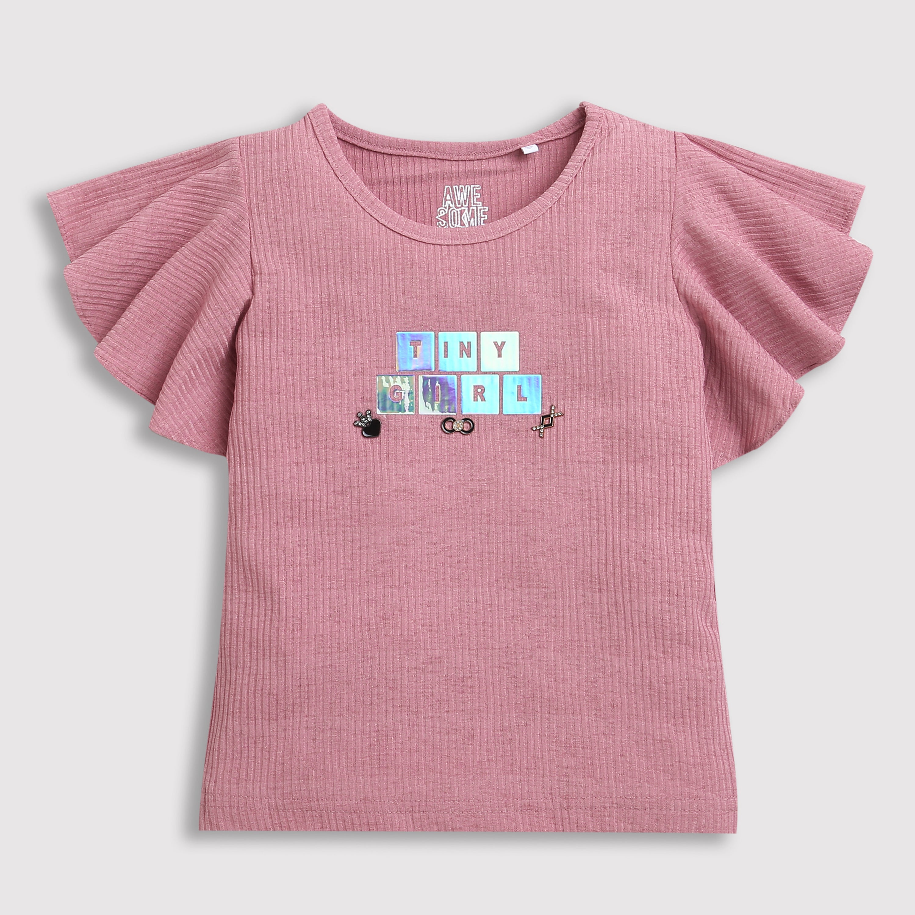 Girls Onion Pink Glitter Text Frill Sleeve Top