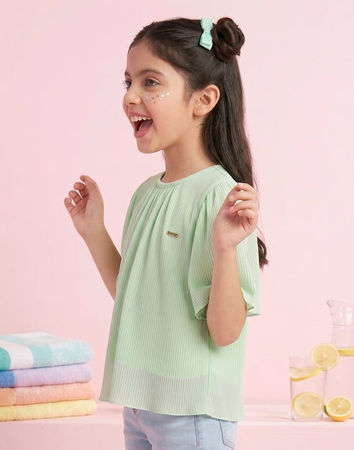 Mint Green Pleated Top with Flared Sleeves TG5001