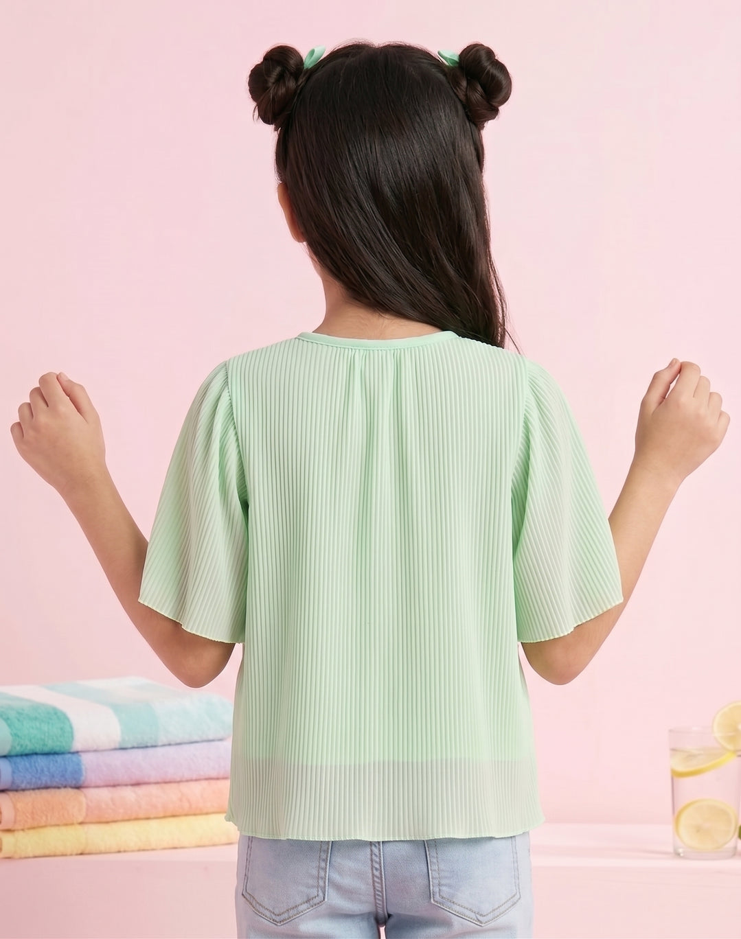 Mint Green Pleated Top with Flared Sleeves TG5001
