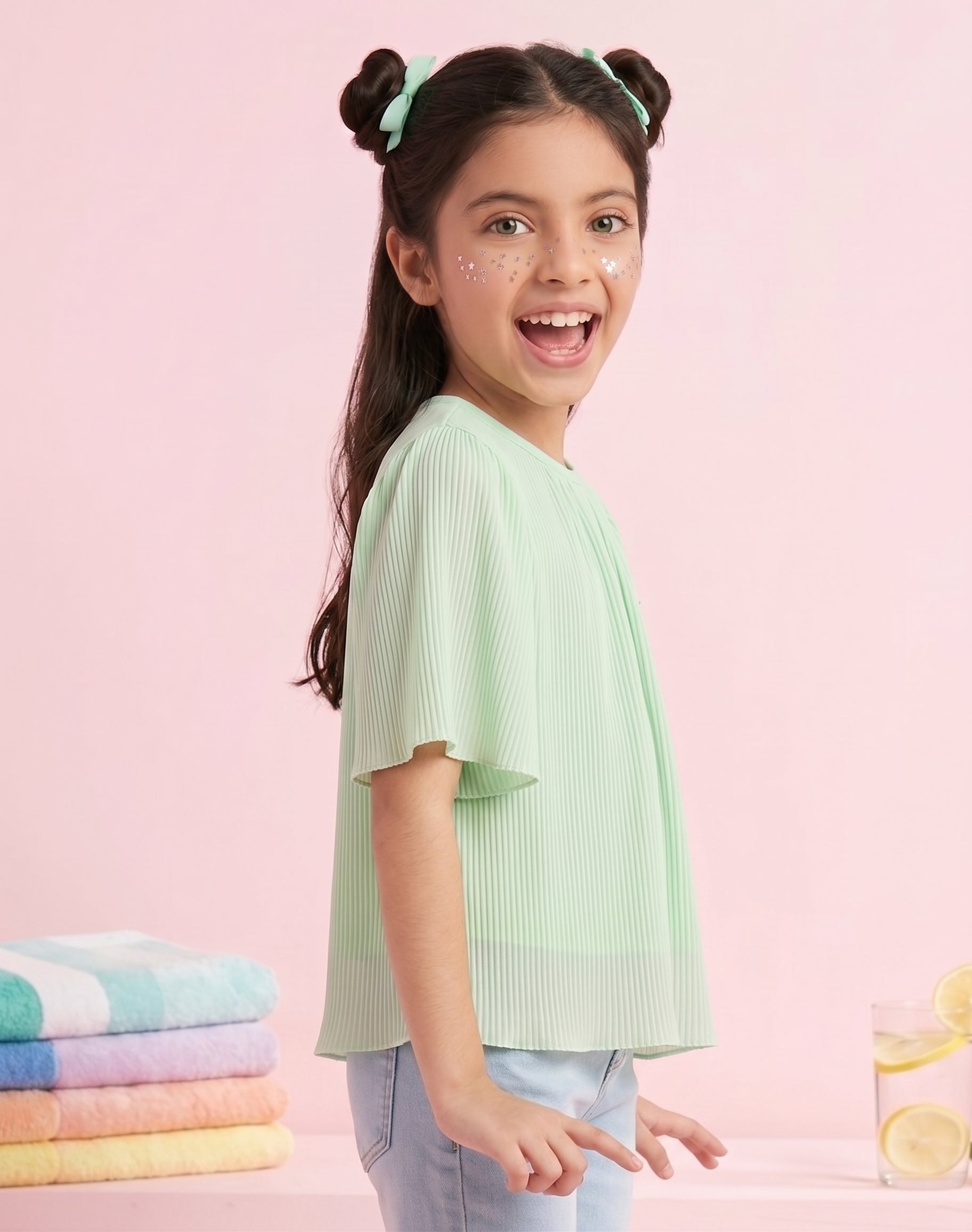 Mint Green Pleated Top with Flared Sleeves TG5001