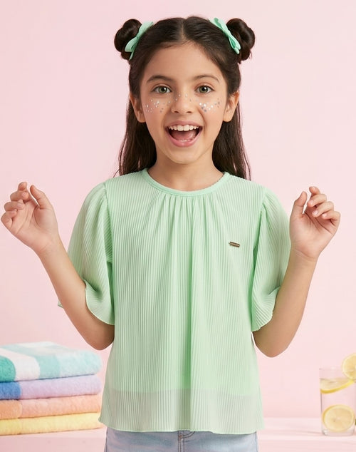 Mint Green Pleated Top with Flared Sleeves TG5001