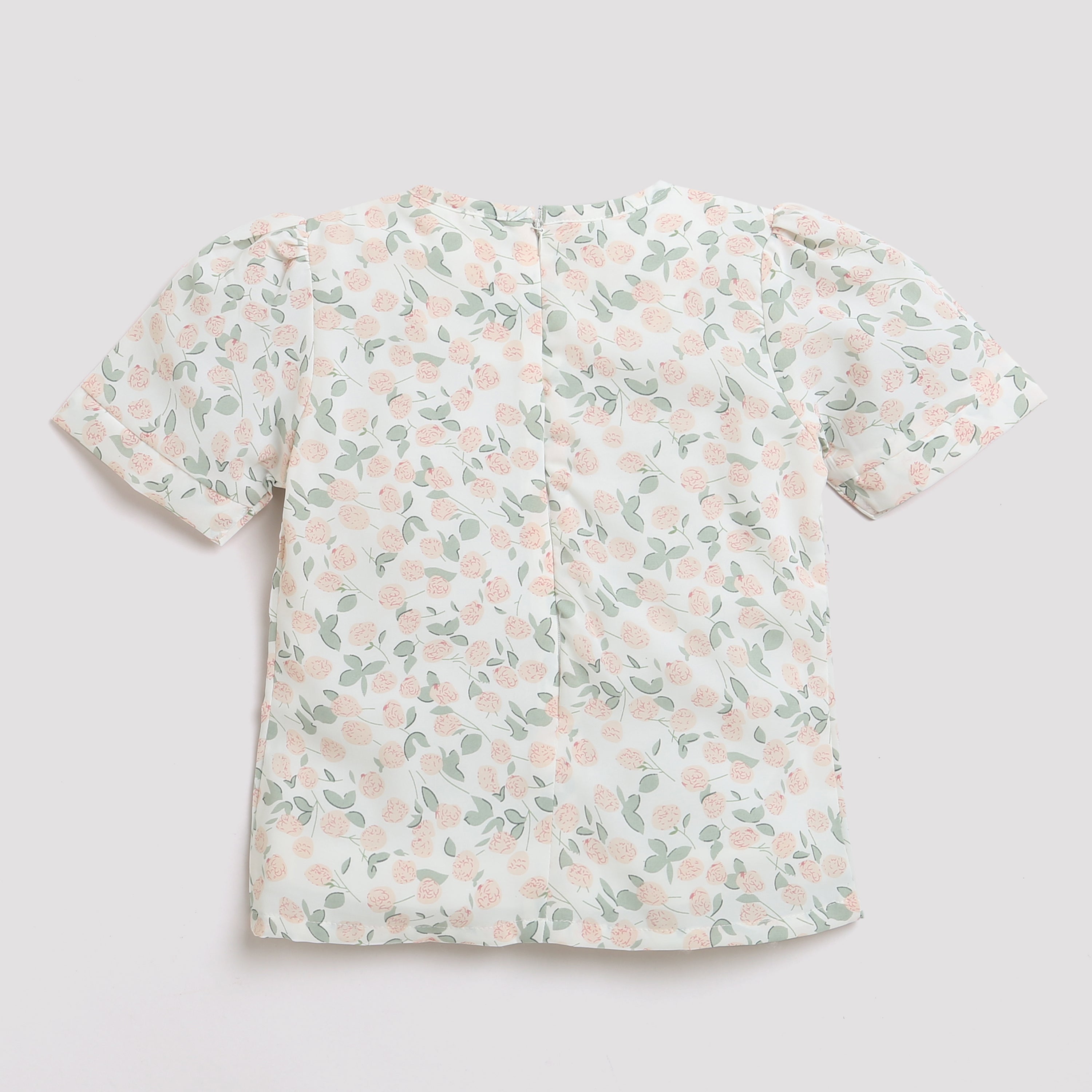 Peach Floral Printed Top with Puff Sleeves TG5002