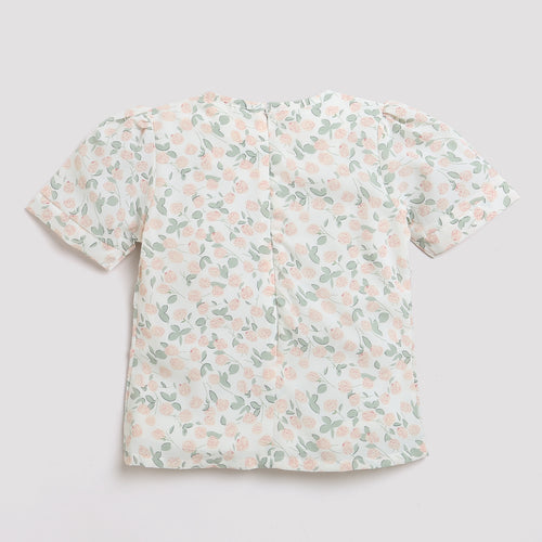 Peach Floral Printed Top with Puff Sleeves TG5002