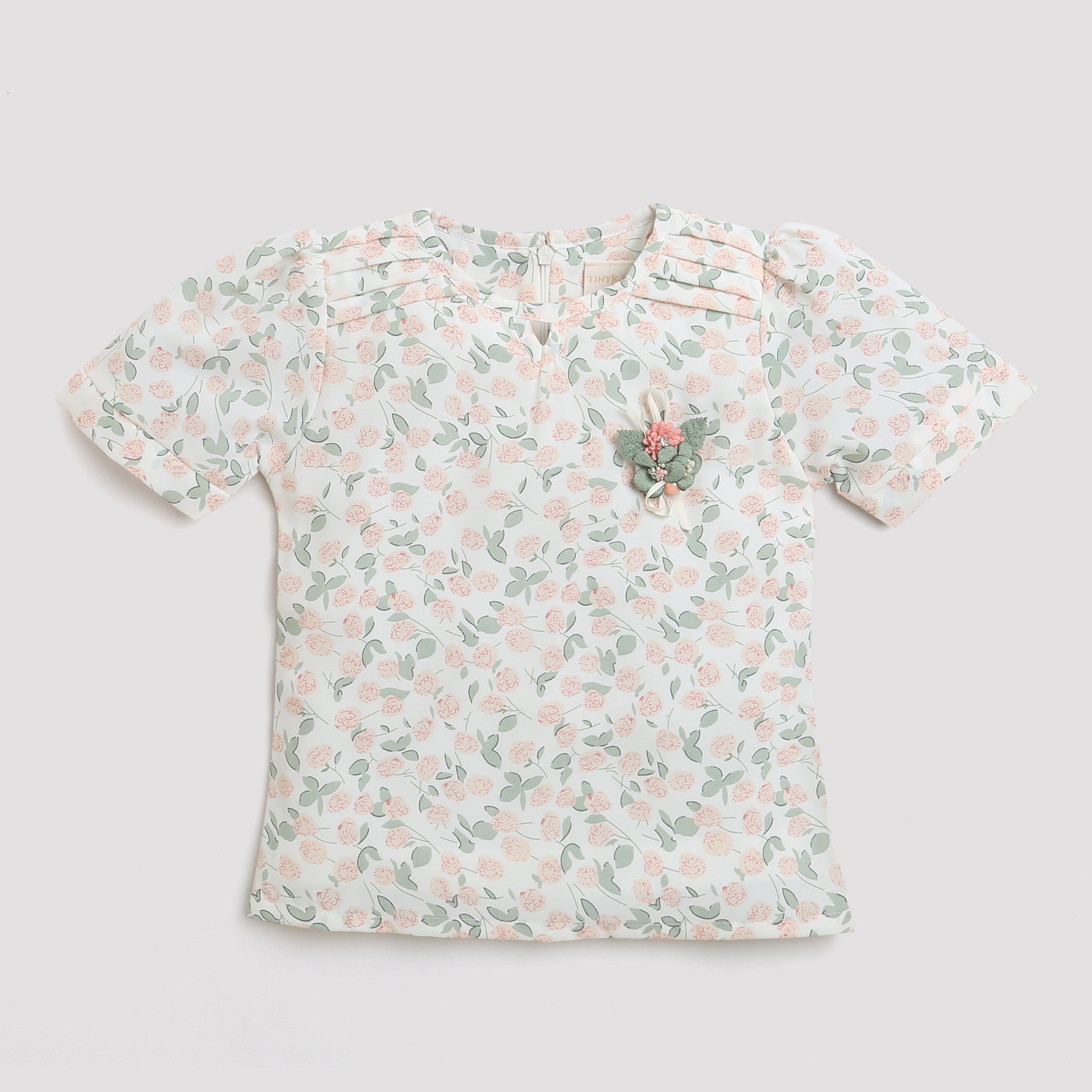 Peach Floral Printed Top with Puff Sleeves TG5002