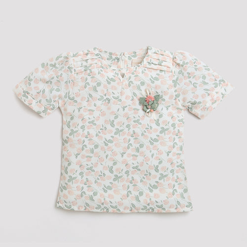 Peach Floral Printed Top with Puff Sleeves TG5002