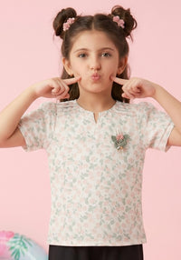 Peach Floral Printed Top with Puff Sleeves TG5002
