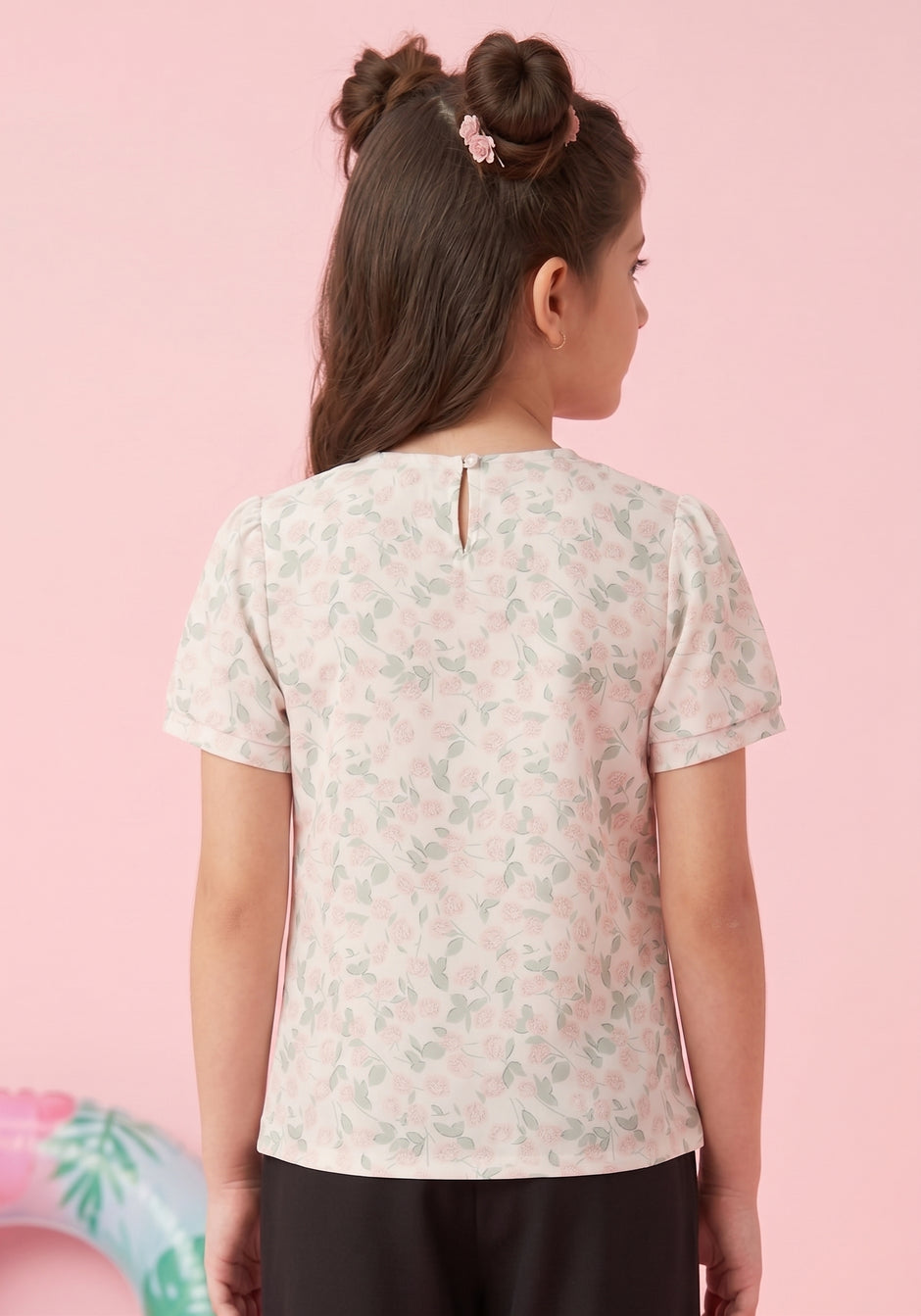 Peach Floral Printed Top with Puff Sleeves TG5002