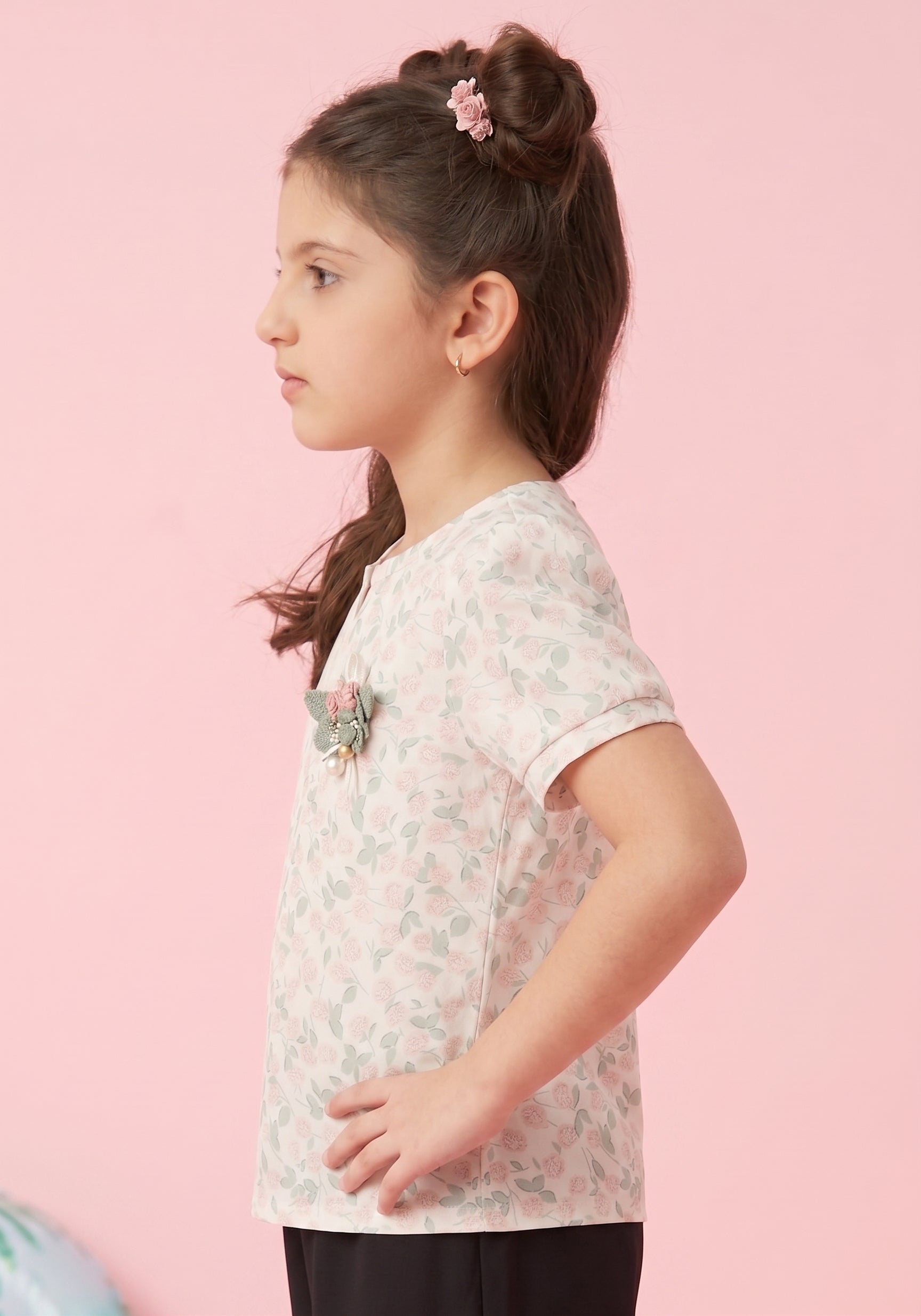 Peach Floral Printed Top with Puff Sleeves TG5002