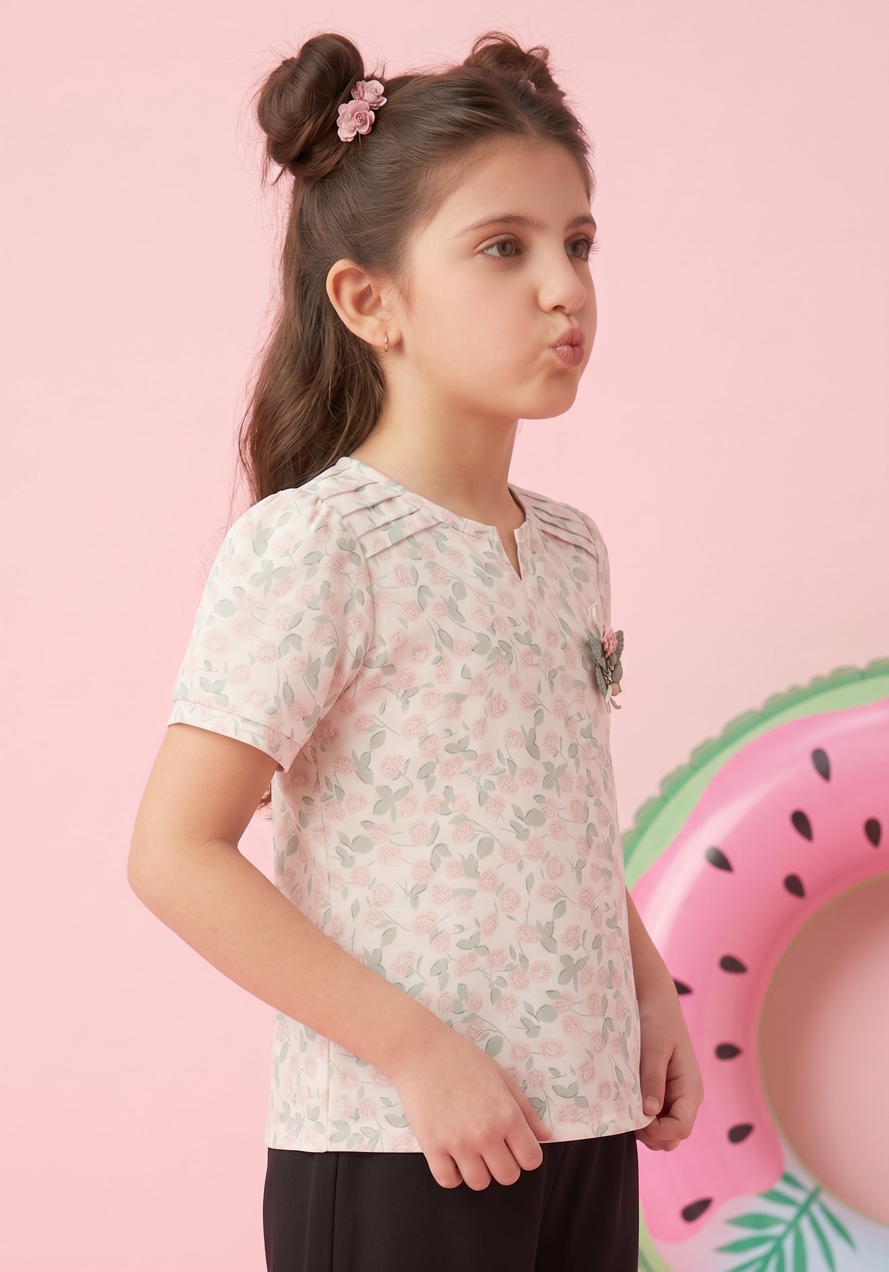 Peach Floral Printed Top with Puff Sleeves TG5002