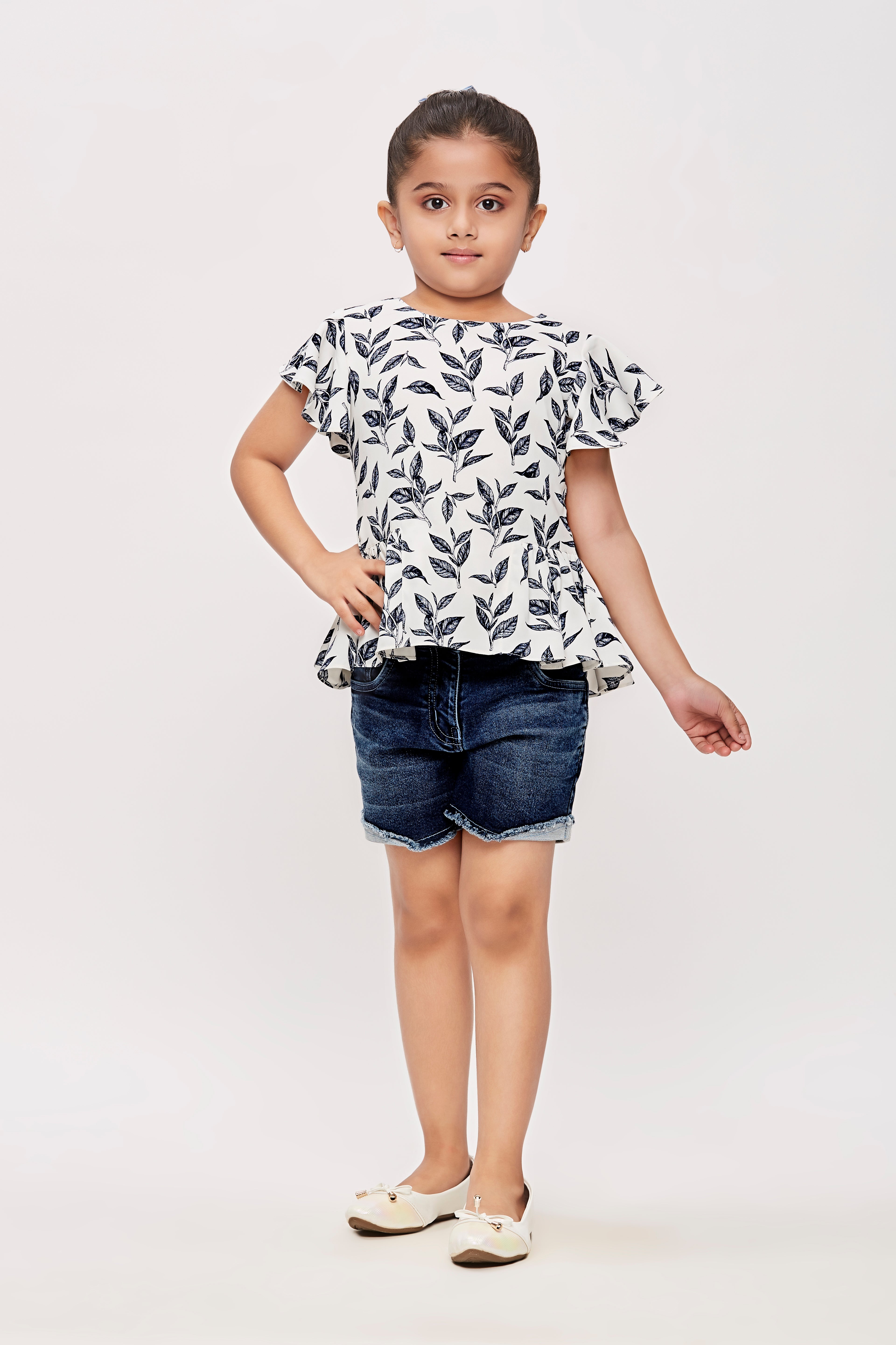 White & Navy Leaf Print Peplum Top TG5006