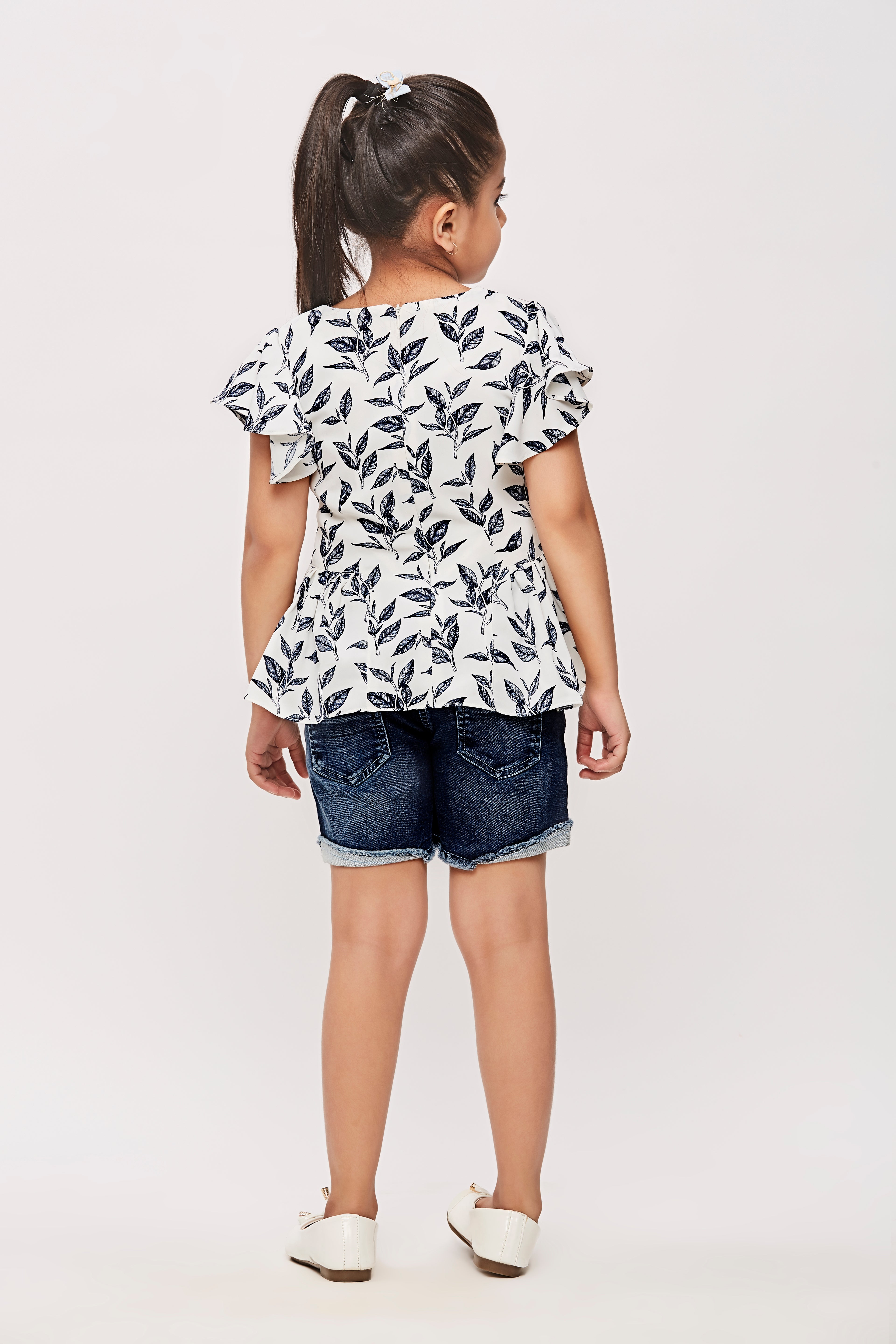 White & Navy Leaf Print Peplum Top TG5006