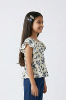 White & Navy Leaf Print Peplum Top TG5006