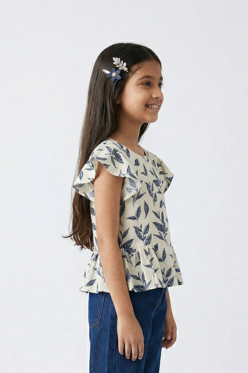 White & Navy Leaf Print Peplum Top TG5006