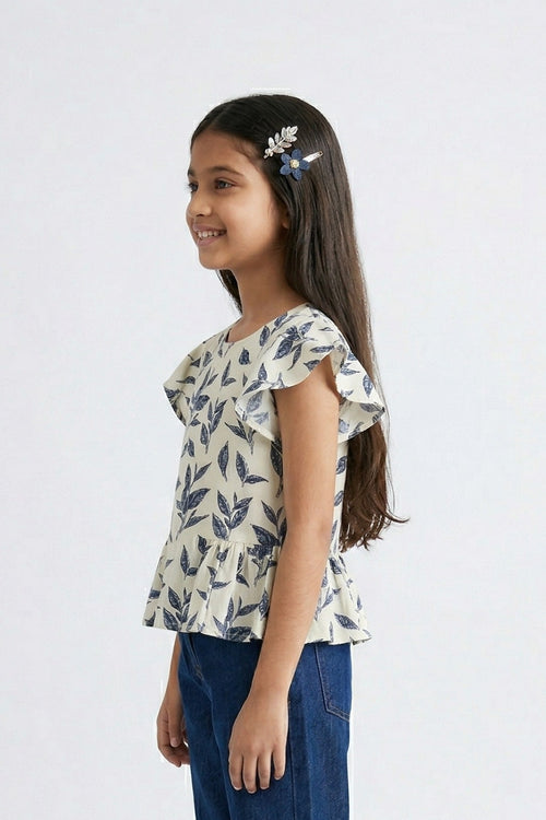 White & Navy Leaf Print Peplum Top TG5006