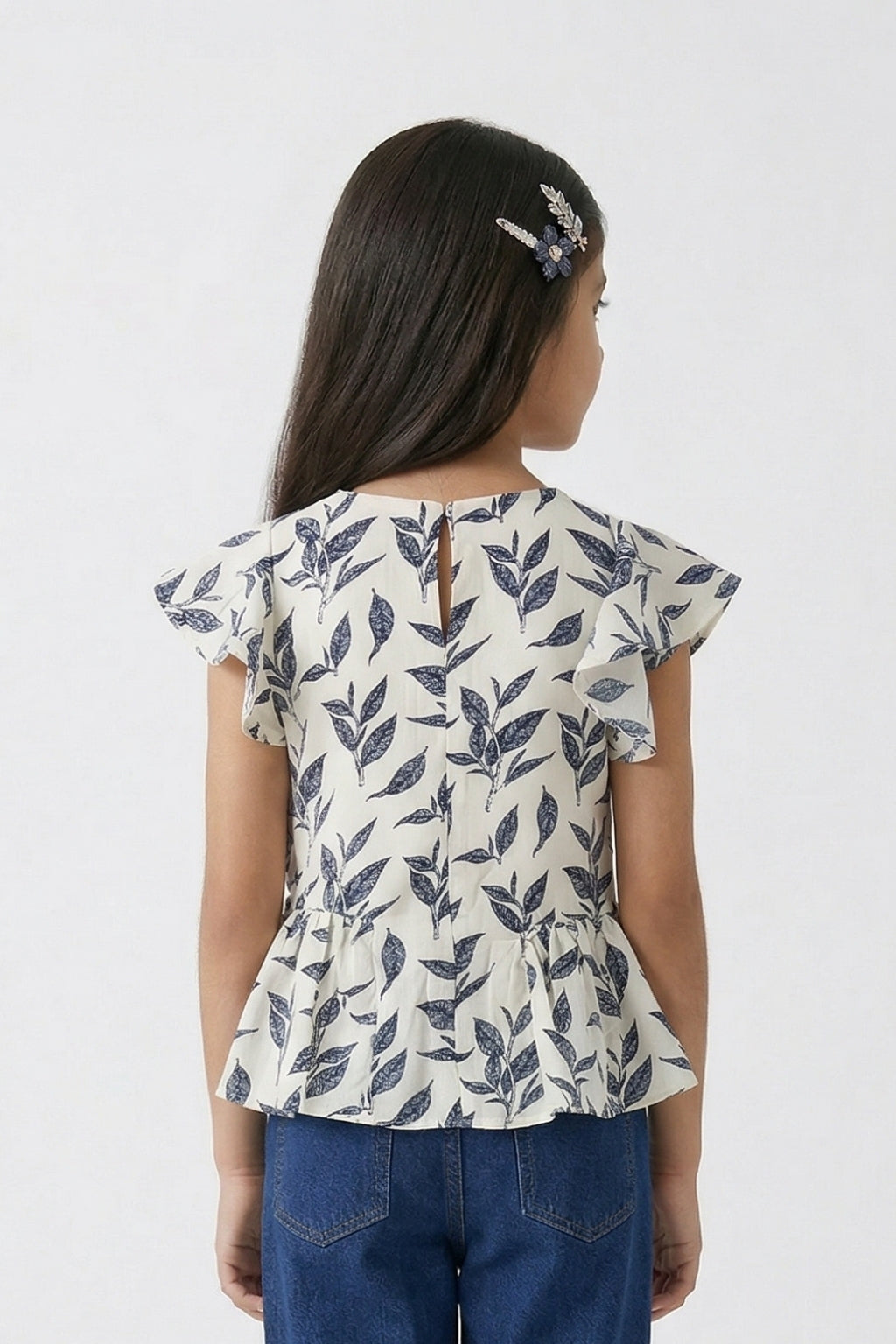 White & Navy Leaf Print Peplum Top TG5006