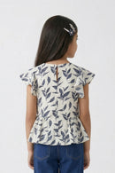 White & Navy Leaf Print Peplum Top TG5006