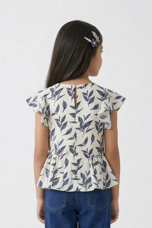 White & Navy Leaf Print Peplum Top TG5006