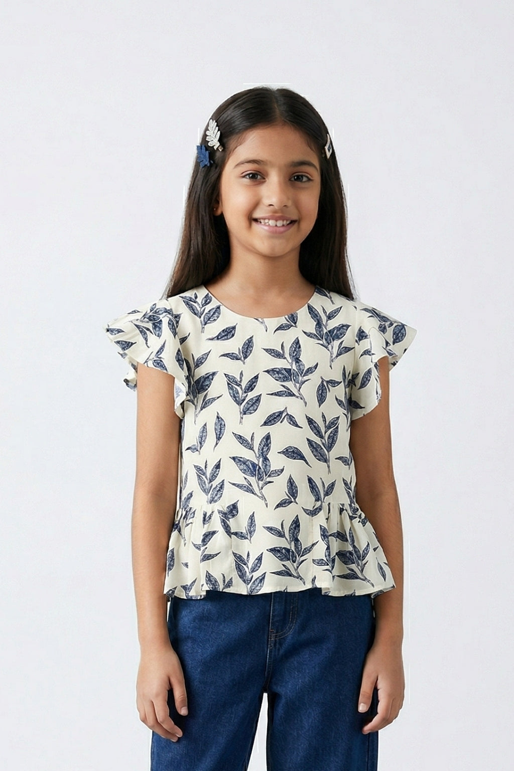 White & Navy Leaf Print Peplum Top TG5006
