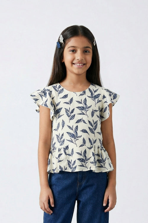 White & Navy Leaf Print Peplum Top TG5006