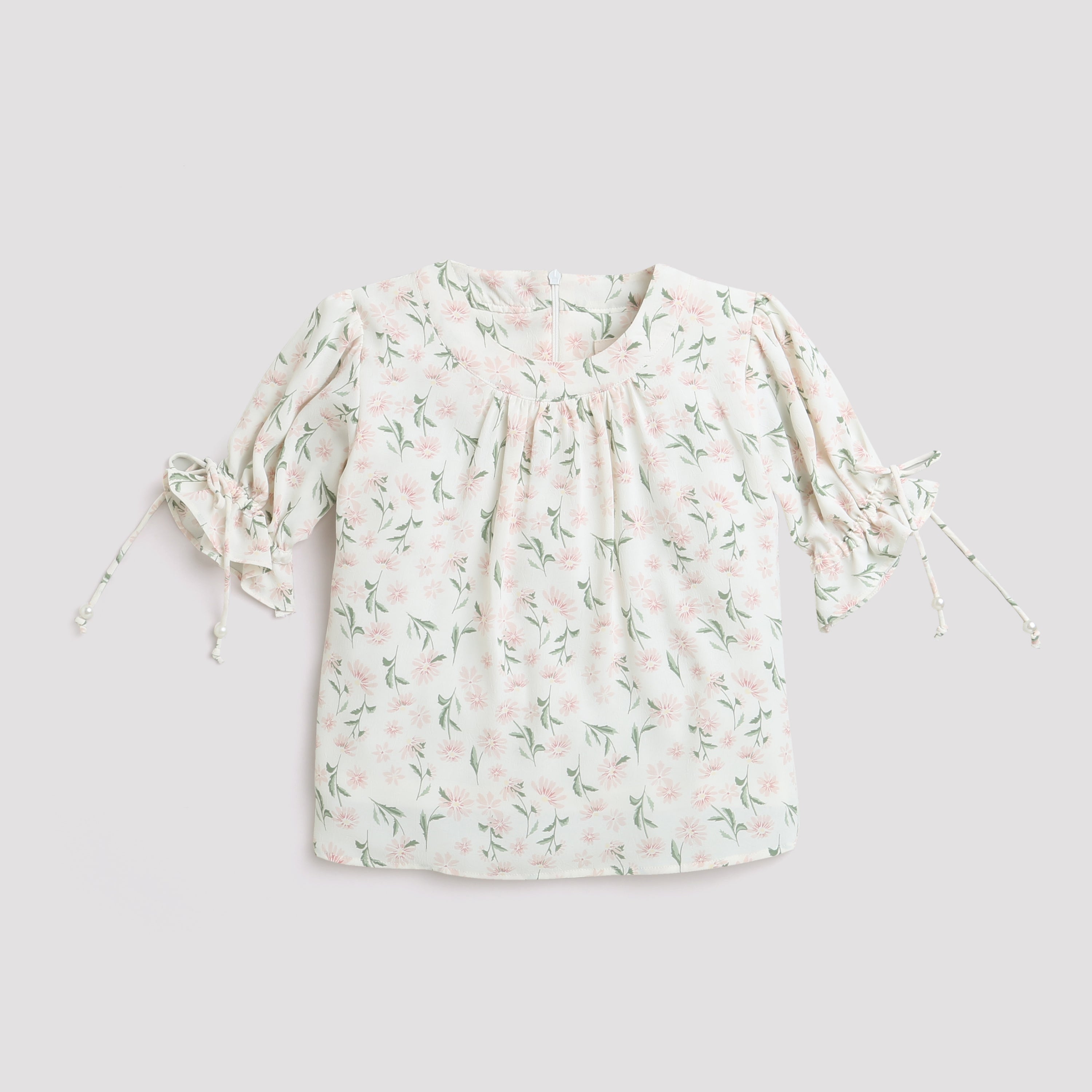 Tressel Cream Tie-Sleeve Printed Top for Girls – Cute Casual Wear