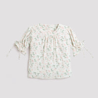 Tressel Cream Tie-Sleeve Printed Top for Girls – Cute Casual Wear