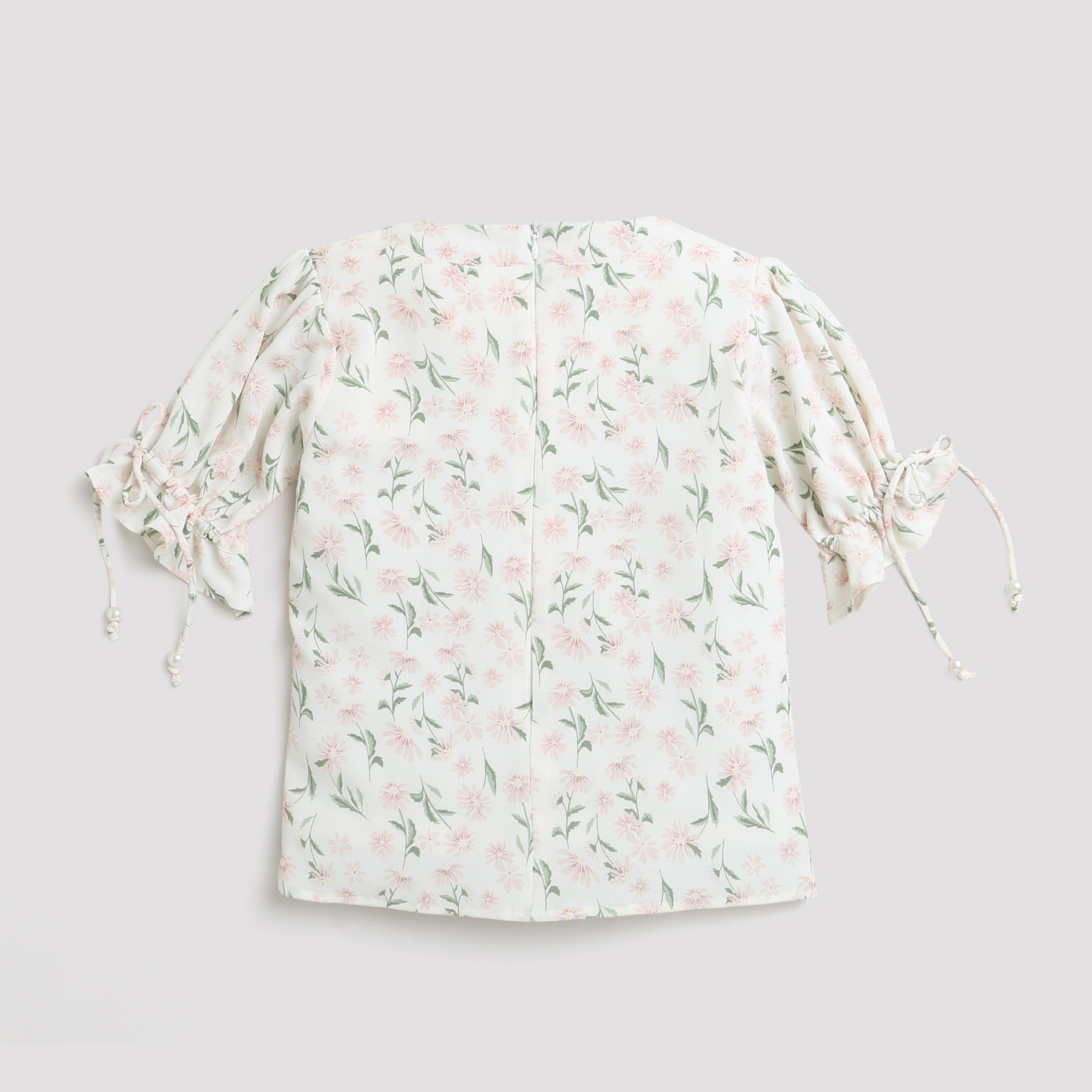 Tressel Cream Tie-Sleeve Printed Top for Girls – Cute Casual Wear