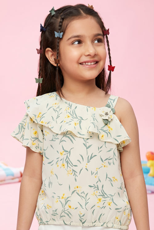 Cream Floral Ruffle Sleeveless Top TG5015