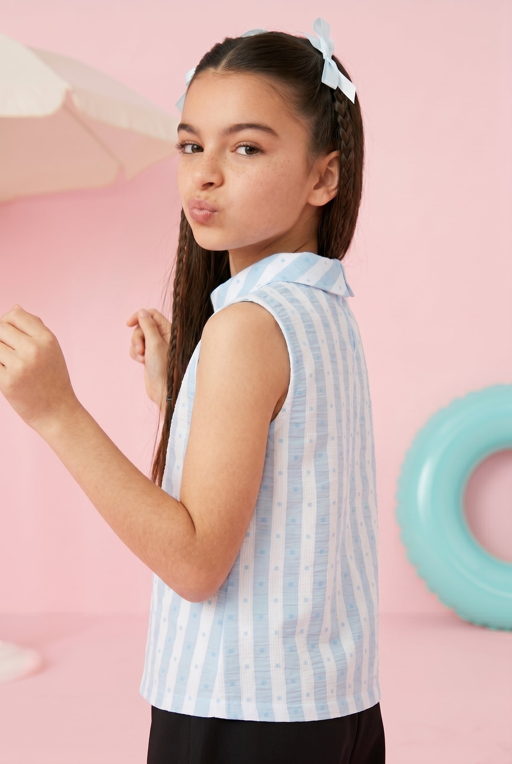 Sky Blue Striped Sleeveless Top TG5016