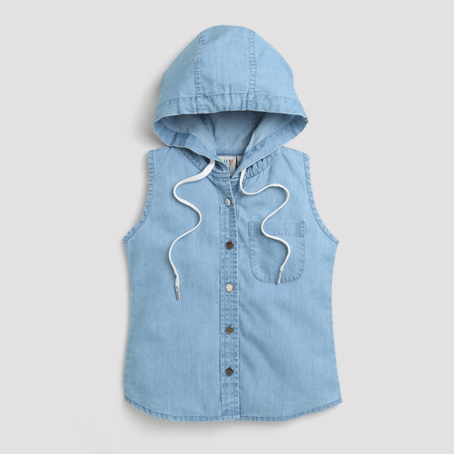 Light Blue Sleeveless Denim Hooded Top TG5018