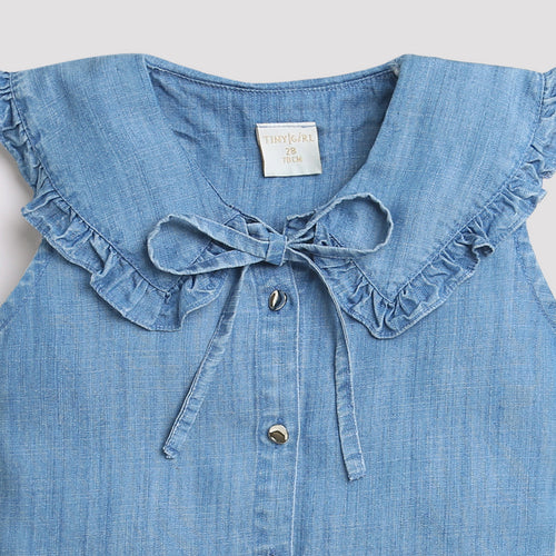 Light Blue Sleeveless Denim Top with Frill Collar & Bow TG5019