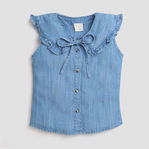 Light Blue Sleeveless Denim Top with Frill Collar & Bow TG5019