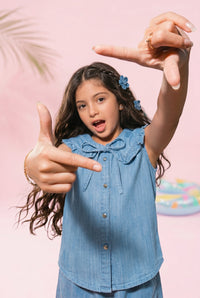 Light Blue Sleeveless Denim Top with Frill Collar & Bow TG5019