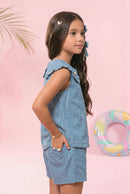 Light Blue Sleeveless Denim Top with Frill Collar & Bow TG5019