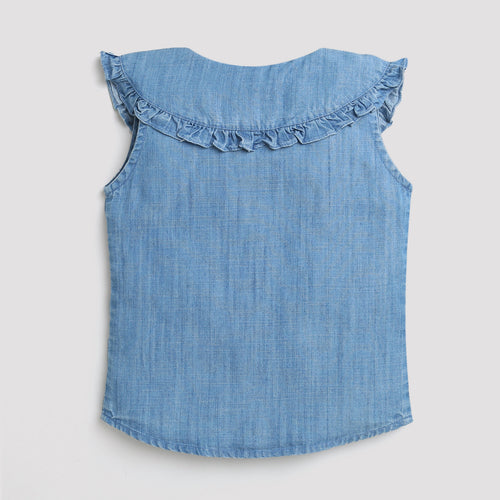 Light Blue Sleeveless Denim Top with Frill Collar & Bow TG5019
