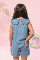 Light Blue Sleeveless Denim Top with Frill Collar & Bow TG5019