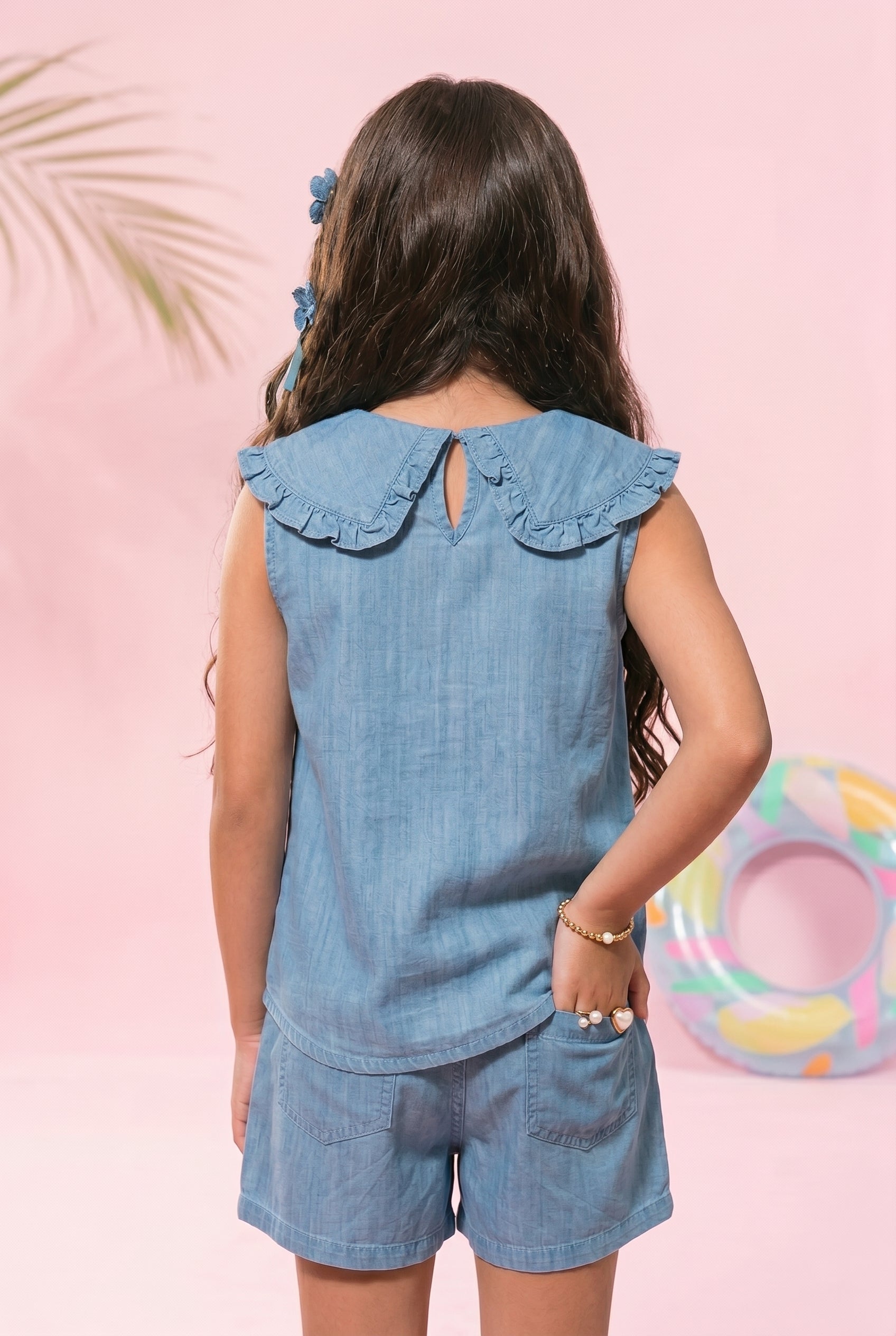 Light Blue Sleeveless Denim Top with Frill Collar & Bow TG5019