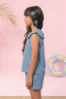 Light Blue Sleeveless Denim Top with Frill Collar & Bow TG5019