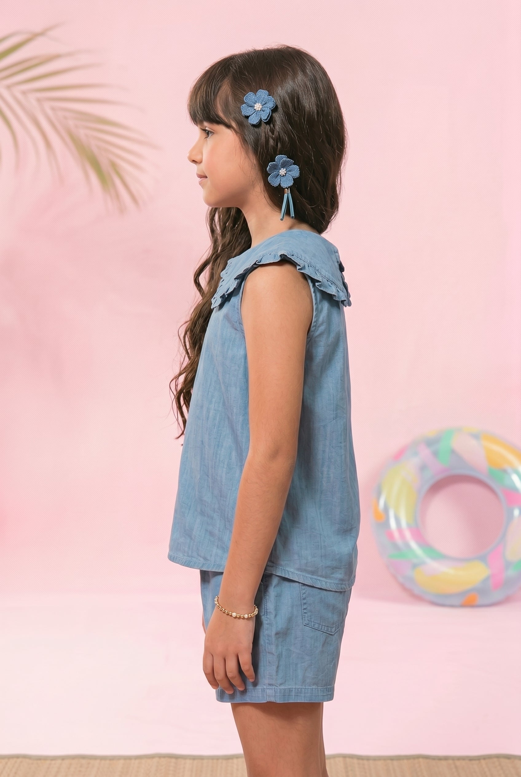 Light Blue Sleeveless Denim Top with Frill Collar & Bow TG5019