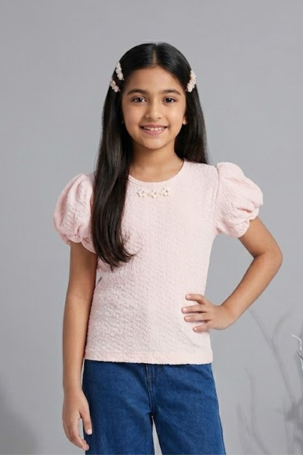 Puff Sleeve Soft Pink Textured Top TG5027