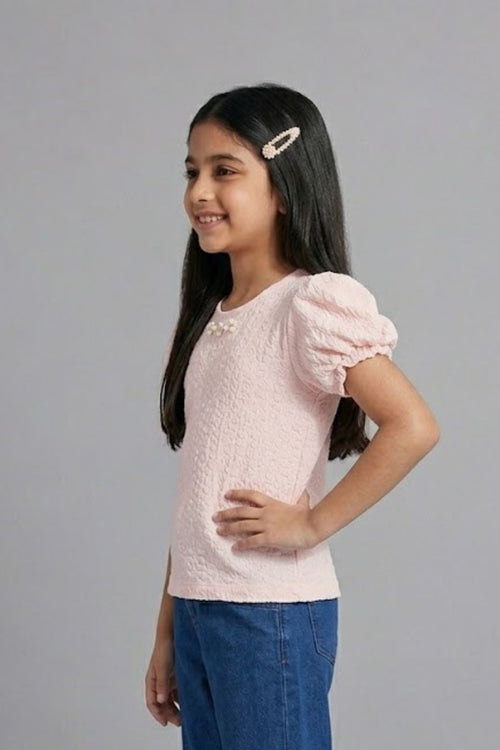 Puff Sleeve Soft Pink Textured Top TG5027