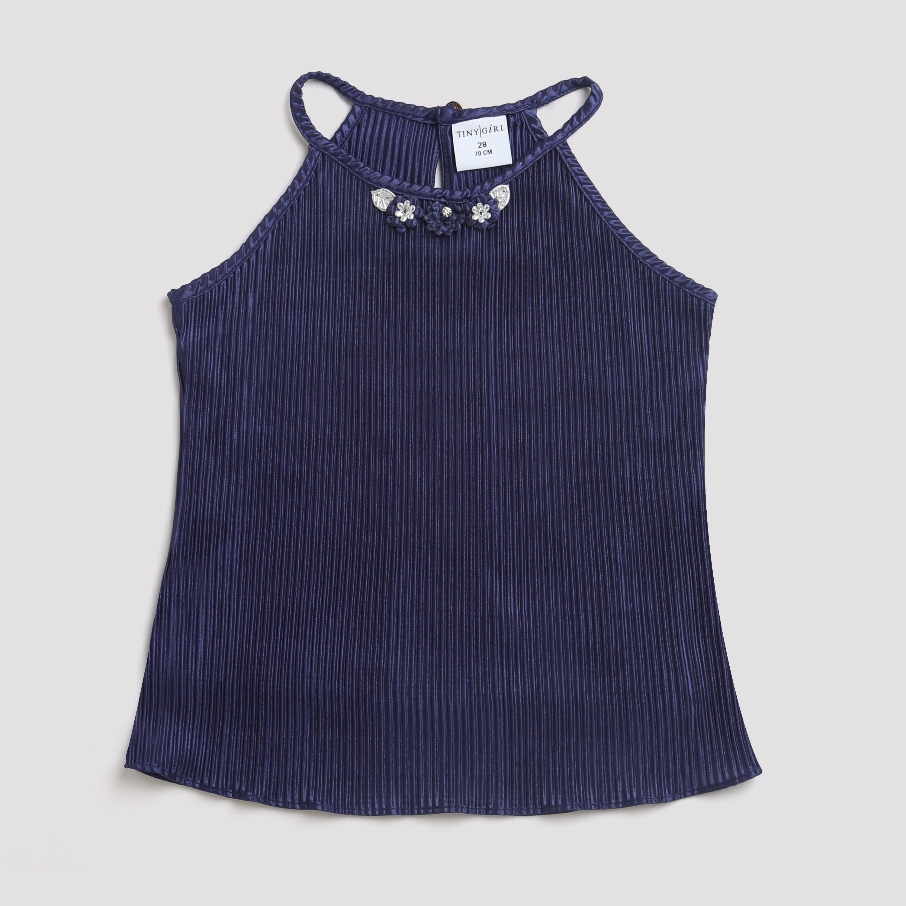 Navy Blue Pleated Satin Halter Top TG5047