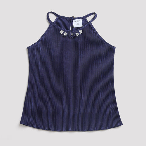 Navy Blue Pleated Satin Halter Top TG5047