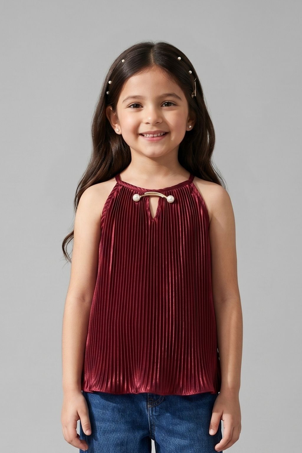 Maroon Pleated Satin Halter Top TG5047