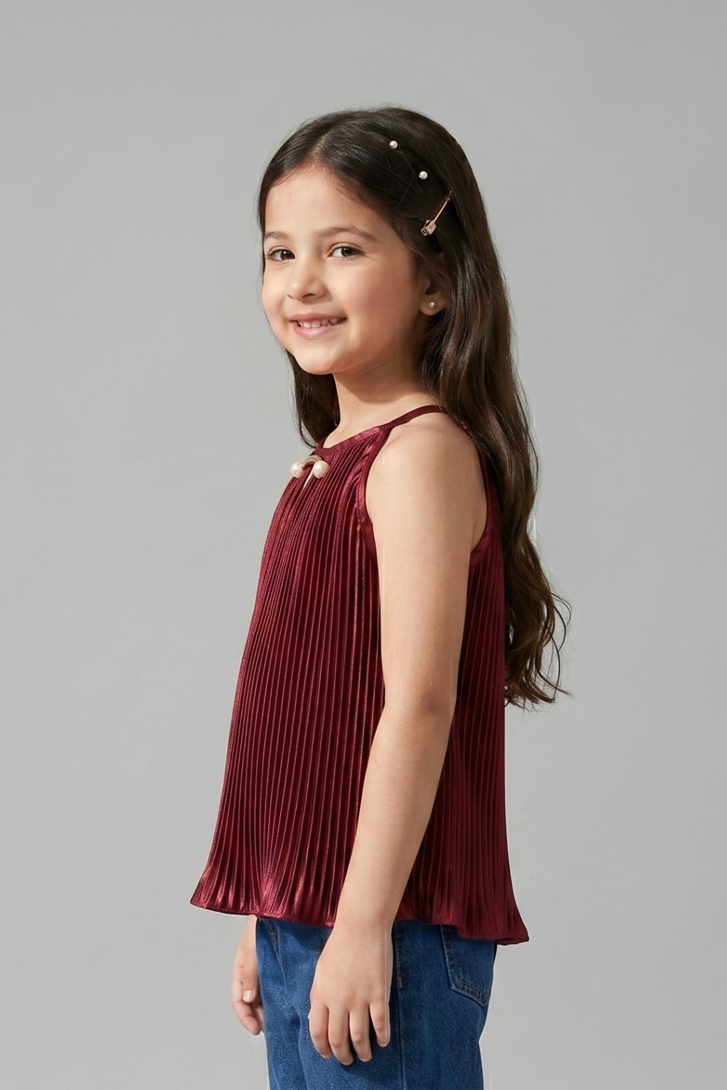 Maroon Pleated Satin Halter Top TG5047