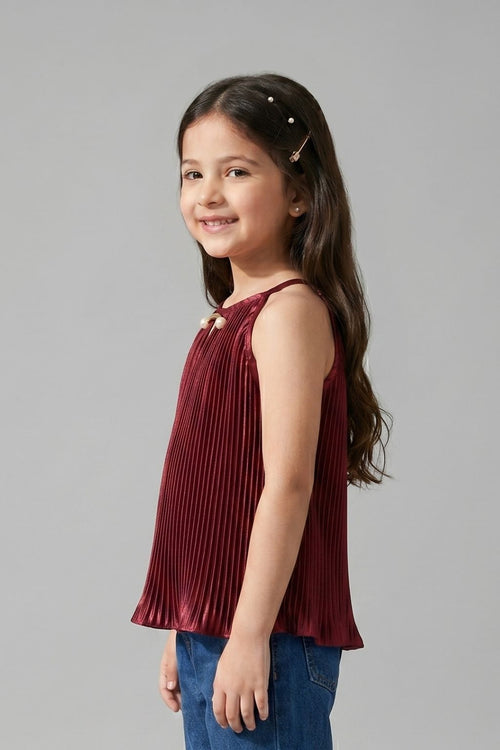 Maroon Pleated Satin Halter Top TG5047