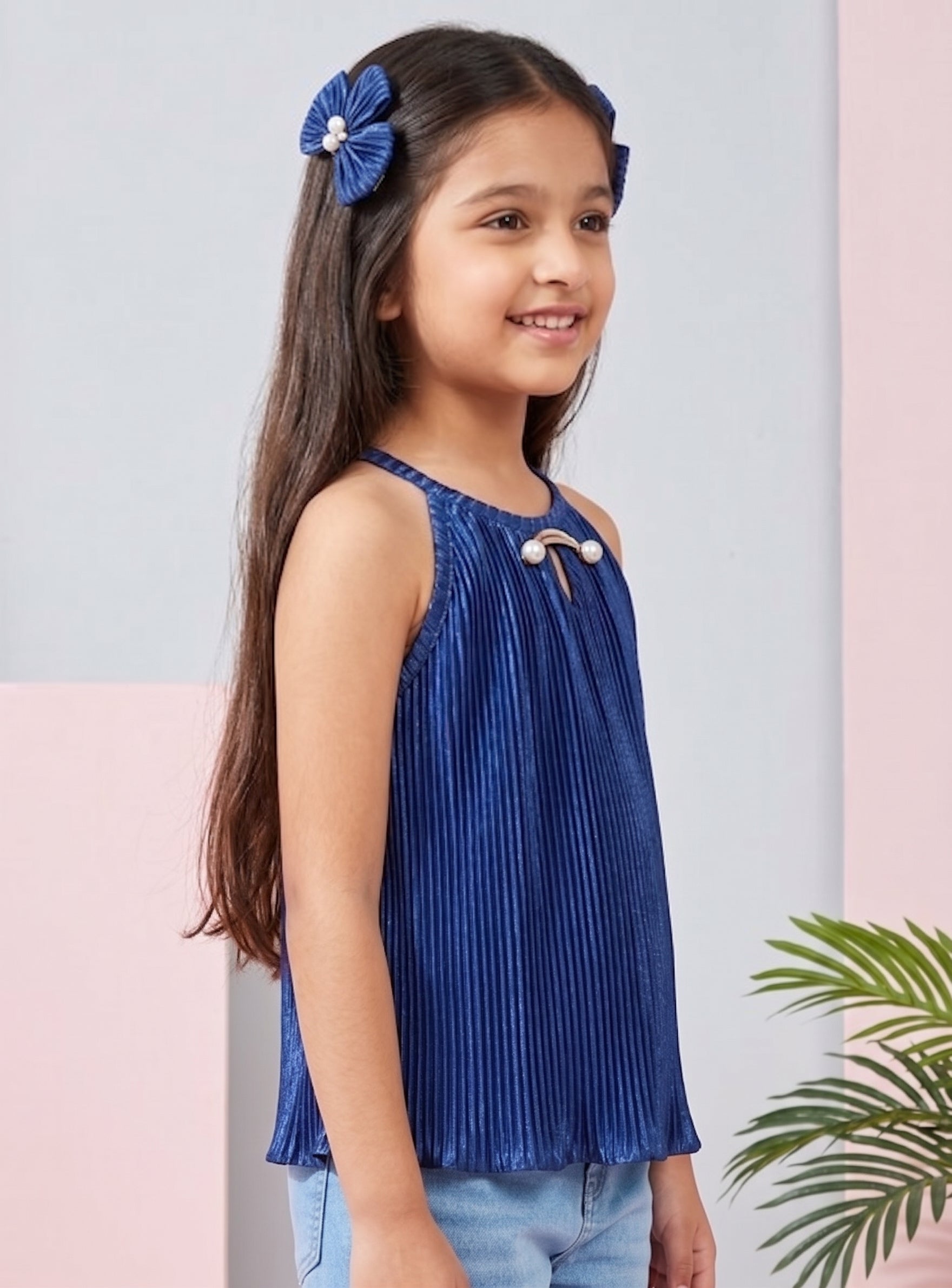 Navy Blue Pleated Satin Halter Top TG5047