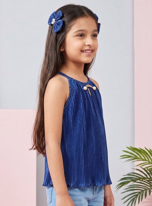 Navy Blue Pleated Satin Halter Top TG5047