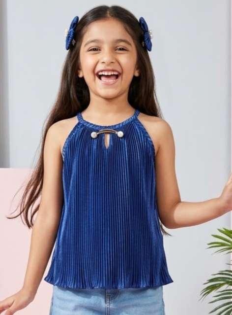 Navy Blue Pleated Satin Halter Top TG5047
